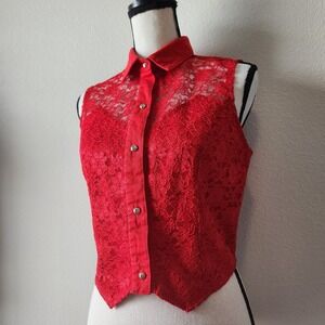 Vintage BANJO Dallas Texas Boutique Western Red Lace Vest Womens Medium ButtonUp